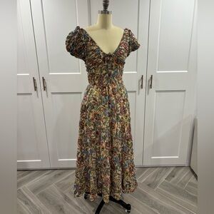 House of Harlow floral midi dress with puff cap sleeves and open back